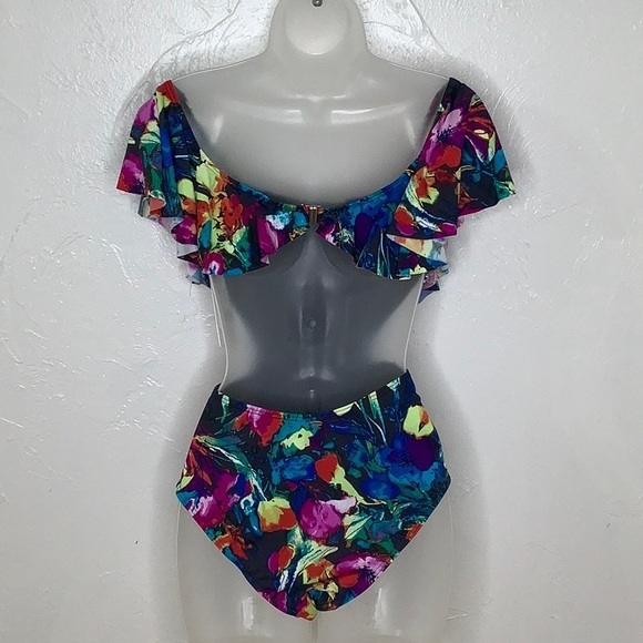 Envya swimwear off the shoulder ruffle one piece multi color swimsuit size L NWT - Picture 4 of 16